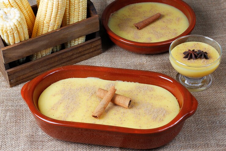 Curau creme de milho doce e sobremesa típica da culinária brasileira em mesa de madeira