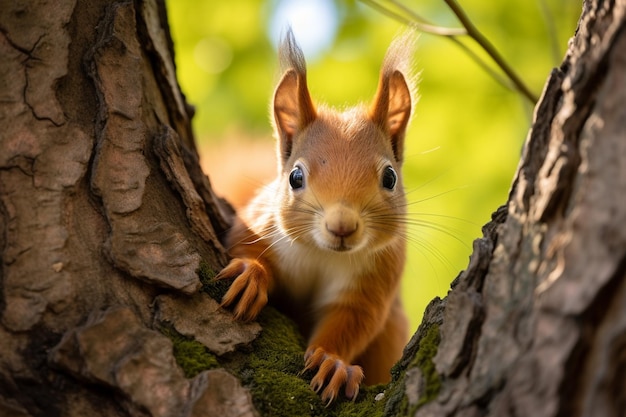 Curiosa ardilla en un árbol