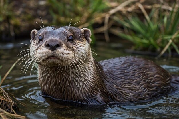 Curiosa lontra molhada em close-up