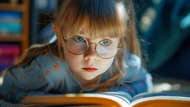 La curiosa niña con gafas leyendo un libro cautivador en una habitación acogedora.