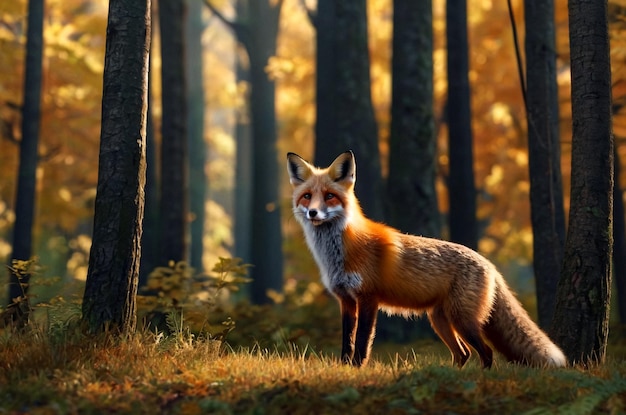 Curiosa raposa vermelha posando na floresta natural durante o outdoors de outono Ilustração de raposa olhando de volta para o sol