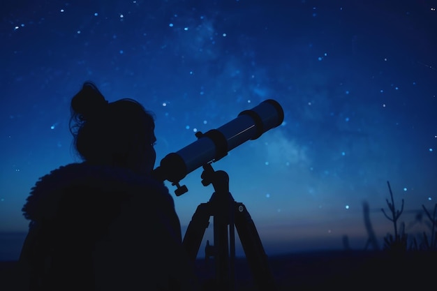 Foto curiosidad y conocimiento escena nocturna de una persona observando las estrellas con un telescopio bajo un cielo estrellado