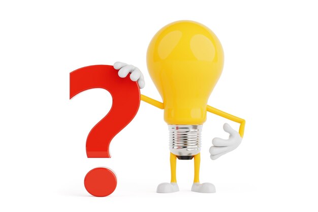 Curiosidad y cuestionamiento Concepto de bombilla de luz Personaje que sostiene un gran signo de interrogación rojo Rendering 3d