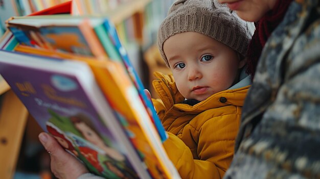 Foto curiosidad en los pasillos niño selecciona libros con cuidado