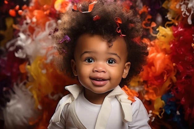Curioso bebê com olhos brilhantes em meio a um fundo colorido