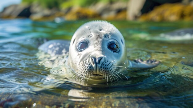 Curioso bebê de foca espreitando acima da água Olho inocente