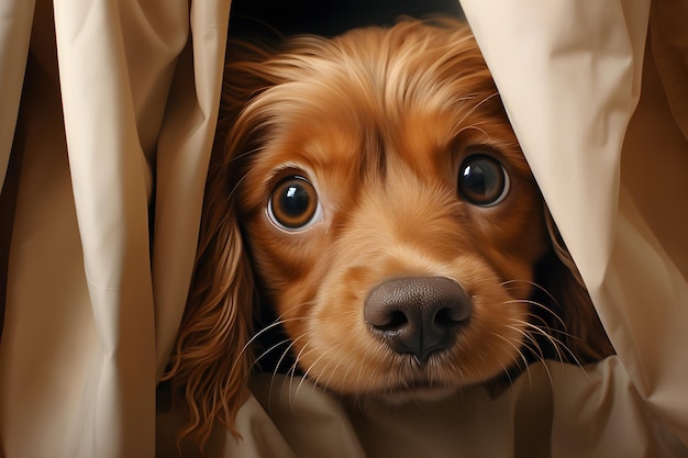 Un curioso cachorro cocker spaniel en una ilustración 3D asomándose desde detrás de una cortina