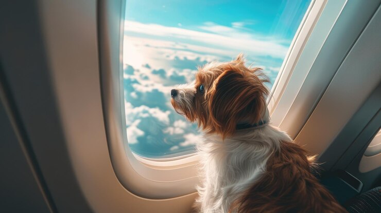 Curioso canino en el viaje aéreo Pequeño perro en el transportista admirando las nubes y la vista del ala desde la ventana del avión