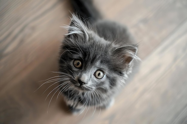 Curioso gatito gris y esponjoso mirando hacia arriba con grandes ojos