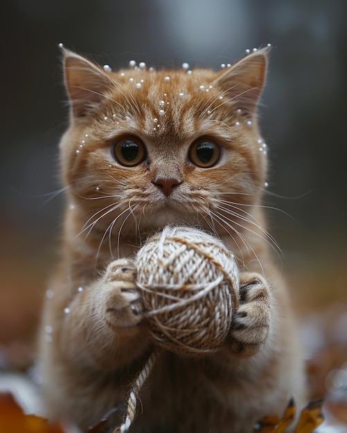 Foto un curioso gato doblado escocés desenroscando el papel pintado de la pelota