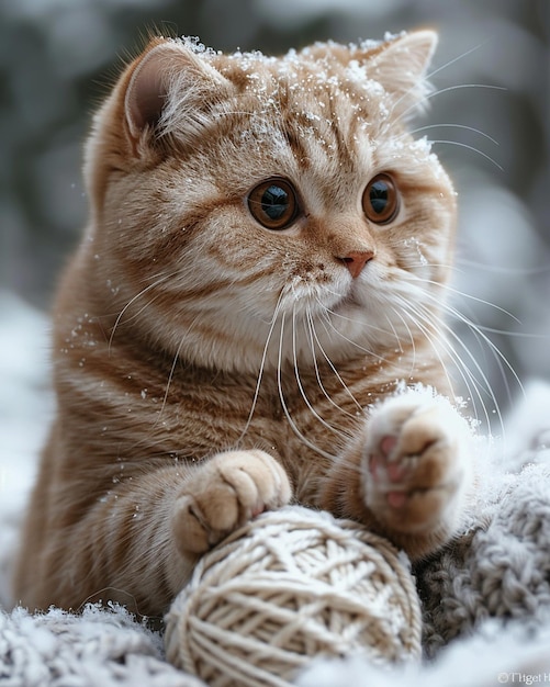 Un curioso gato doblado escocés desenroscando el papel pintado de la pelota