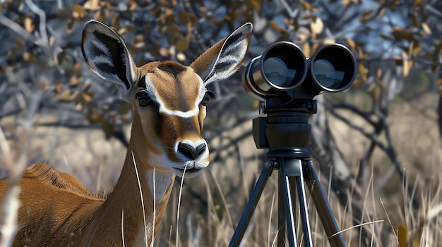 Un curioso gerenuk está de pie junto a un trípode con binoculares en medio de un claro en la sabana