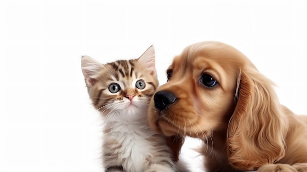 Curioso inglês cocker spaniel cachorro abraça gatinho