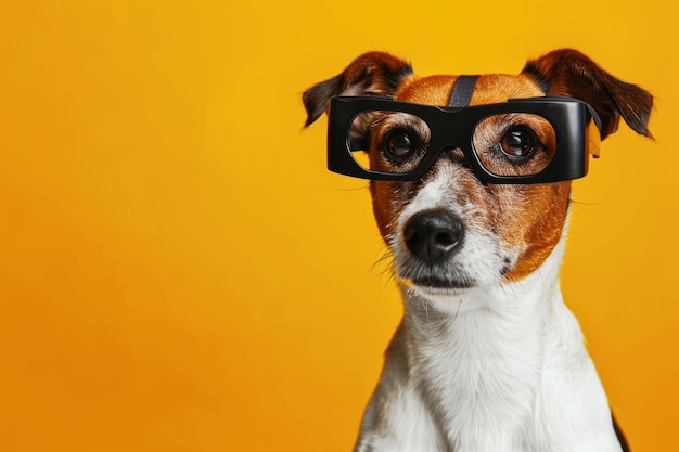 Curioso Jack Russell Terrier em óculos pretos engraçados em fundo amarelo com espaço de cópia