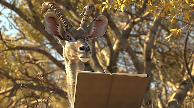 Foto un curioso kudu está de pie en un bosque iluminado por el sol con un cuaderno y una pluma listos para anotar sus observaciones del mundo natural