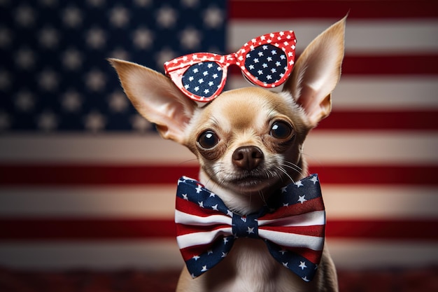 Curioso perro chihuahua rojo blanco azul a rayas corbata de papilla gafas de sol fondo bandera de los Estados Unidos