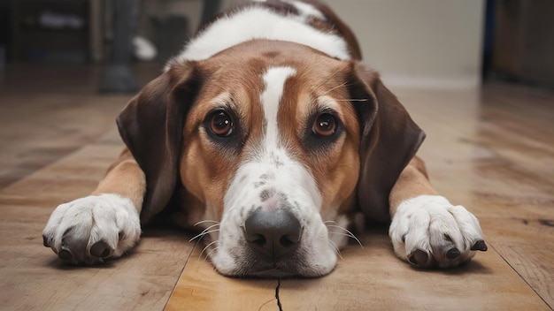 Curioso perro sorprendido tendido en el suelo