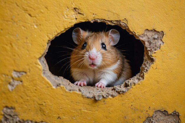 Foto curioso porquinho de guiné espiando de um buraco na parede amarela