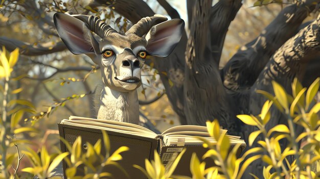 Foto un curioso ternero kudu mira por encima del borde de un gran libro encuadernado en cuero con sus grandes ojos amarillos abiertos de asombro
