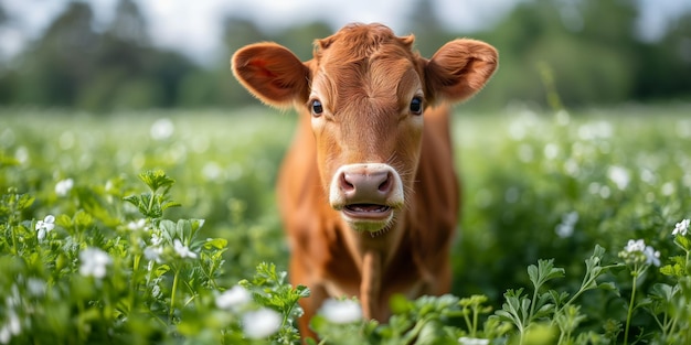 Curioso ternero marrón en un campo verde exuberante con flores blancas