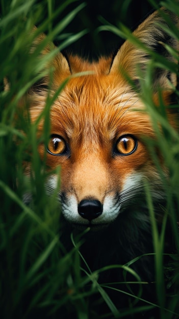 Foto curioso zorro rojo mirando a través del papel pintado de hierba para el teléfono