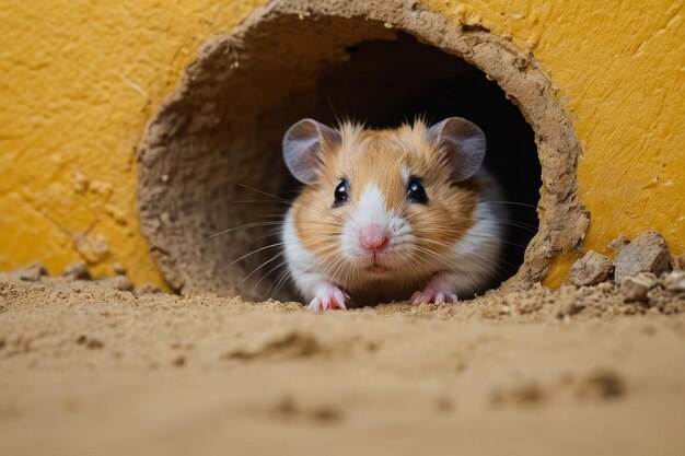 Foto curiosos conejillos de guinea mirando desde un agujero en la pared amarilla