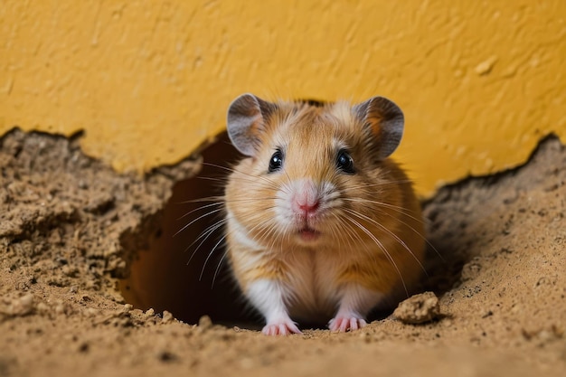 Curiosos conejillos de Guinea mirando desde un agujero en la pared amarilla