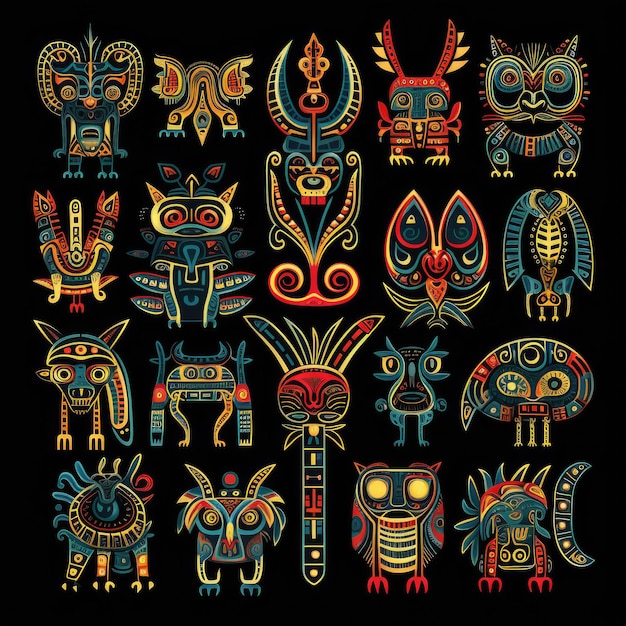 Curiosos dibujos de animales aztecas sobre un fondo negro de medianoche