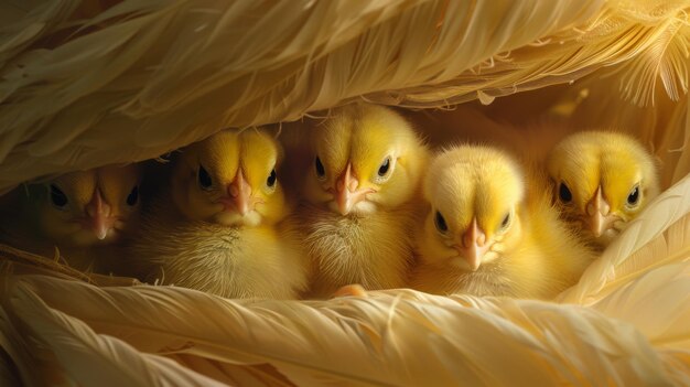 Foto curiosos filhotes de galinhas espiando de sob as penas de sua mãe, ansiosos para explorar o mundo ao seu redor.