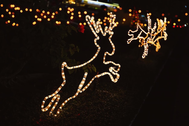 Foto curiosos renos de navidad brillantes luces de navidad como una decoración de la ciudad nocturna estado de ánimo festivo