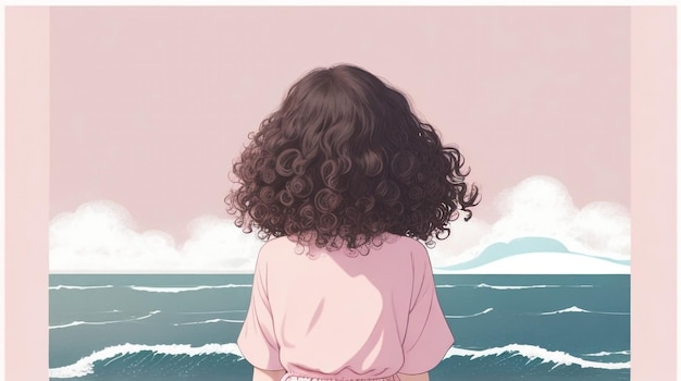 Curly Whispers Desenho de uma mulher com cabelo encaracolado vista de trás em elegância cativante