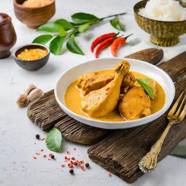 Curry de frango ao estilo malaio com batatas kari ayam foco seletivo fundo branco