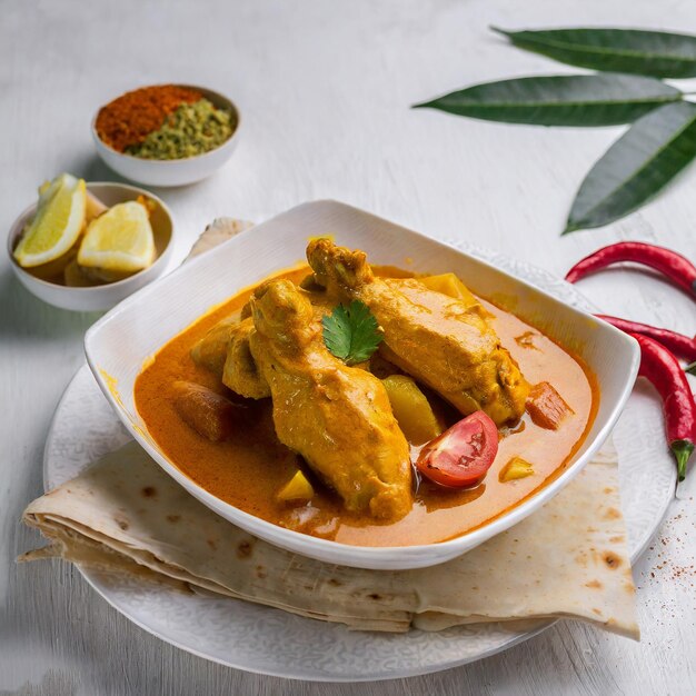 Curry de frango ao estilo malaio com batatas kari ayam foco seletivo fundo branco