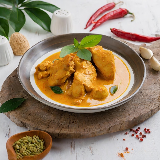 Curry de frango ao estilo malaio com batatas kari ayam foco seletivo fundo branco