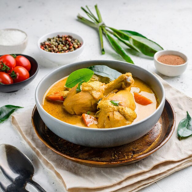 Curry de frango ao estilo malaio com batatas kari ayam foco seletivo fundo branco