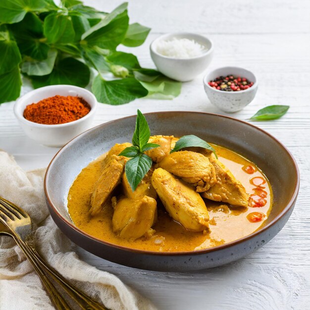 Curry de frango ao estilo malaio com batatas kari ayam foco seletivo fundo branco