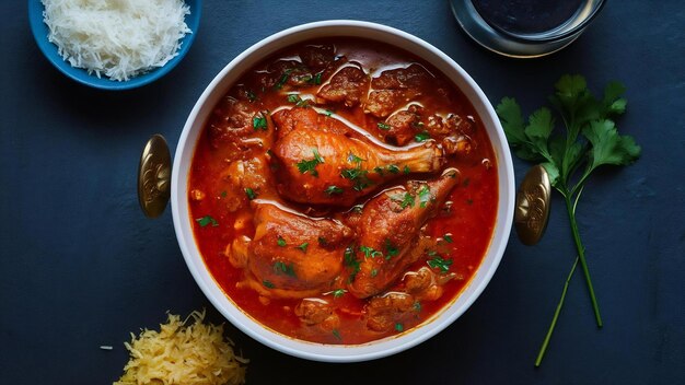Foto curry de frango avermelhado picante ou murgh masala vermelho ou korma comida indiana não vegetariana