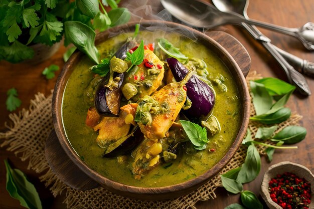 Curry de frango verde com berinjela e manjericão em uma tigela com fundo de madeira