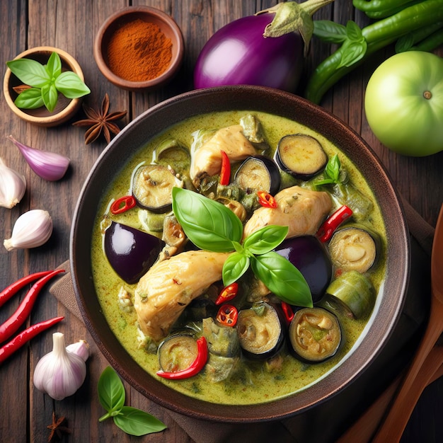 Curry de frango verde tem manjericão frio de berinjela em tigela sobre fundo de madeira vista superior conceito de comida asiática