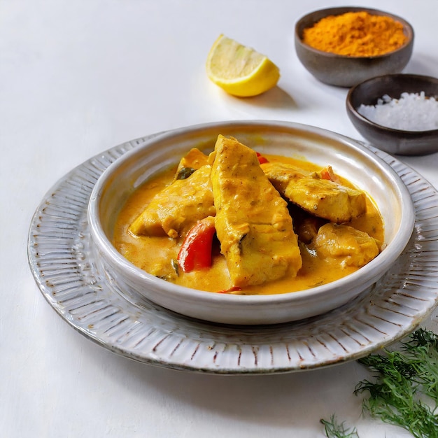 Curry de peixe picante_curry de peixe Seer curry tradicional indiano de peixe curry de fundo branco