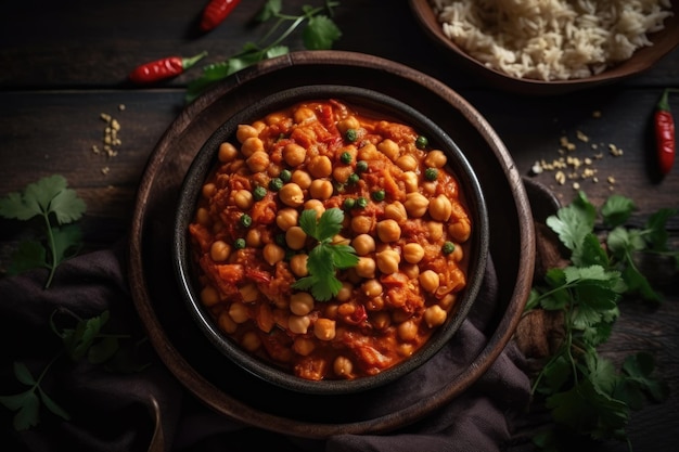 Curry de garbanzos Vegetariano Vista superior IA generativa