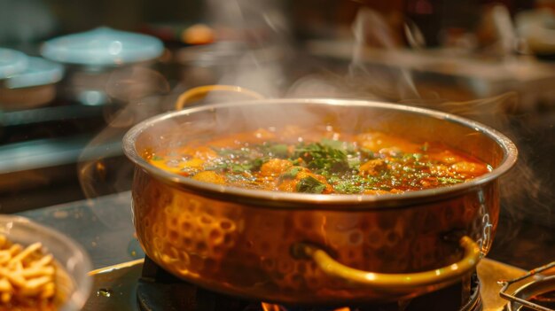 Curry indiano tradicional borbulhando em uma panela de cobre com camadas de especiarias infundindo o ar com um aroma agradável