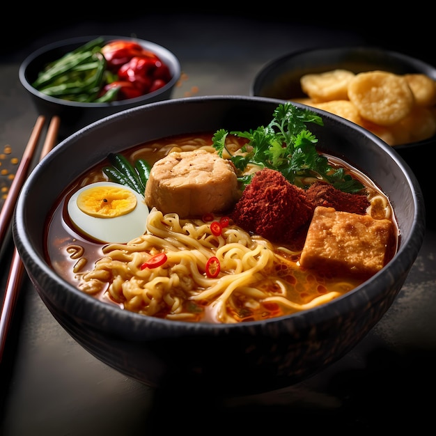 Curry-Nudelsuppe nach nordischer Art mit Hühnchen Khaao Saawy Gai Khao Soi, serviert in einer blauen Höhle