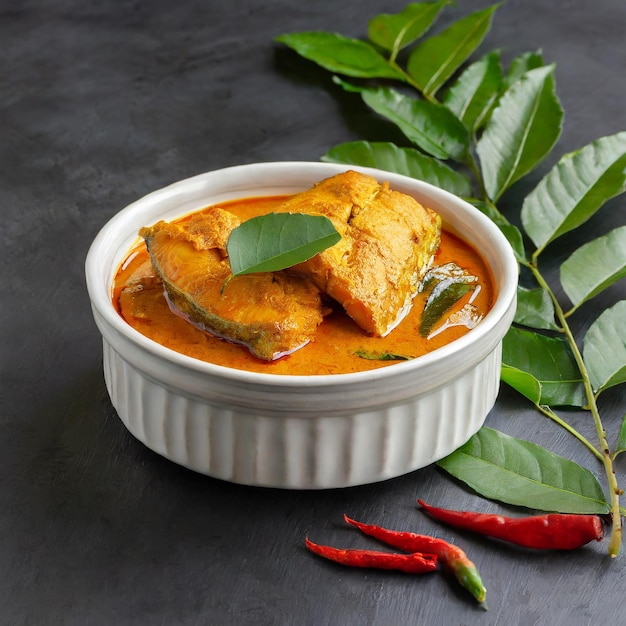 Curry de pescado picante _ Curry de pescado Seer Curry de pescado tradicional indio Curry de pescado de fondo blanco