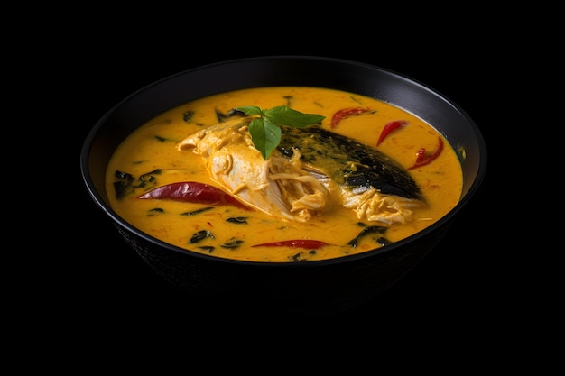 Curry de pescado en un recipiente aislado sobre fondo negro