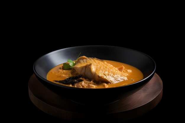 Curry de pescado en un recipiente aislado sobre fondo negro