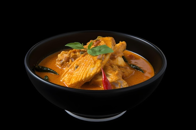 Curry de pescado en un recipiente aislado sobre fondo negro