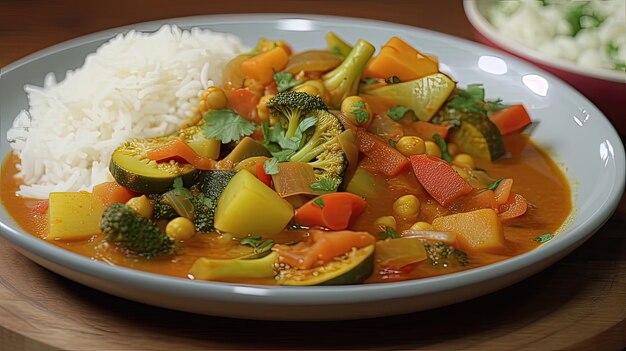 El curry picante de verduras es un plato reconfortante y cálido que es perfecto para los días fríos o cuando te sientes mal. Generado por IA