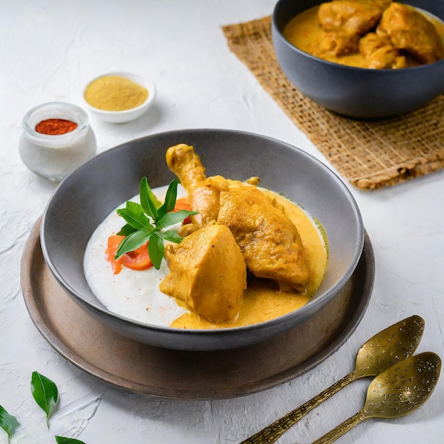 Curry de pollo al estilo malaio con patatas kari ayam enfoque selectivo fondo blanco