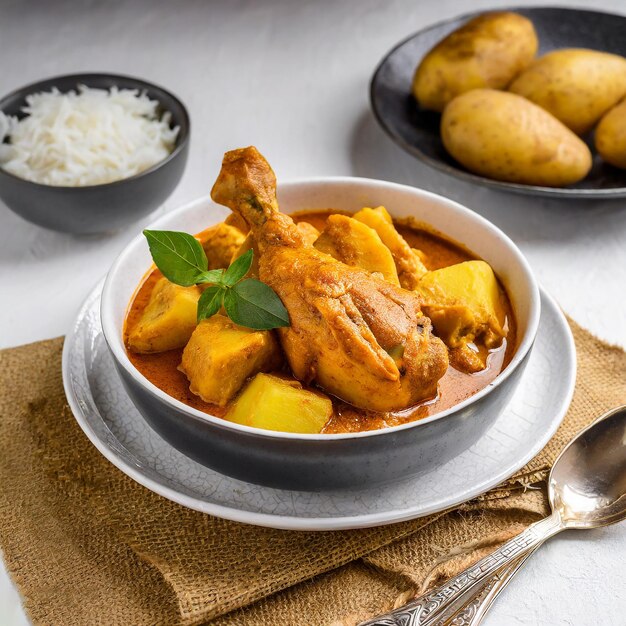 Curry de pollo al estilo malaio con patatas kari ayam enfoque selectivo fondo blanco